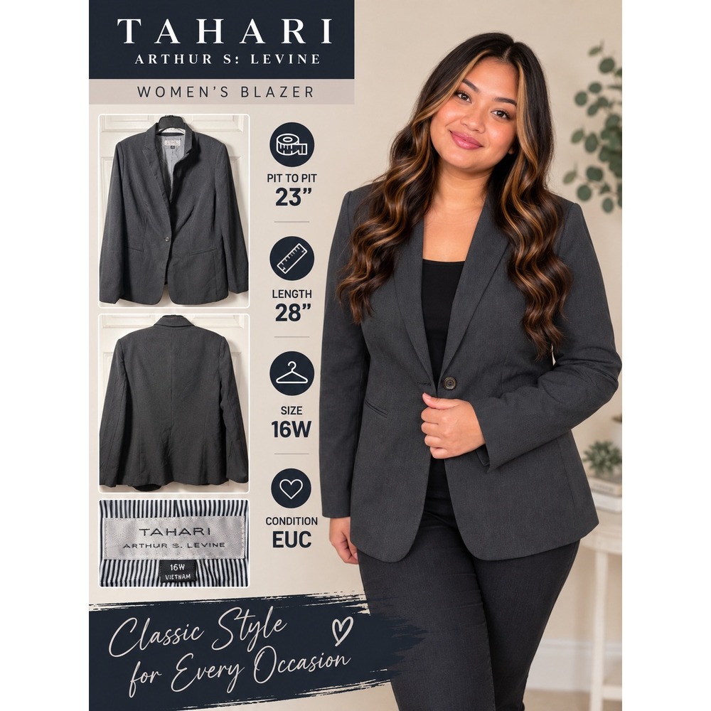 Tahari Arthur S Levine Women 16W Charcoal Gray Textured Single Button Blazer
